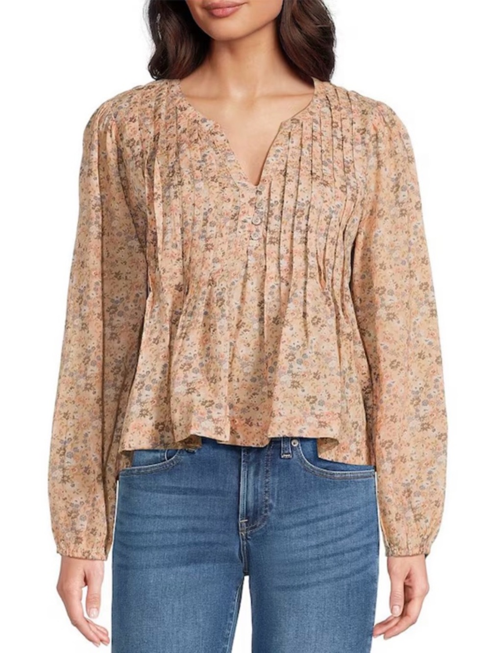 Lucky Brand Woven Floral Pintuck Notch Neck Long Sleeve Top (small/petite)